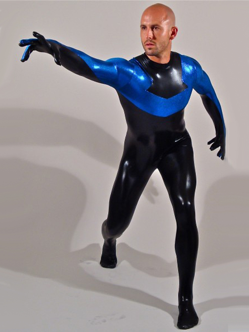 Shiny Blue And Black Metallic Catsuit